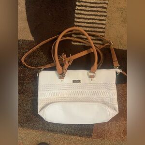 Minicci White and Tan Perforated Shoulder Bag